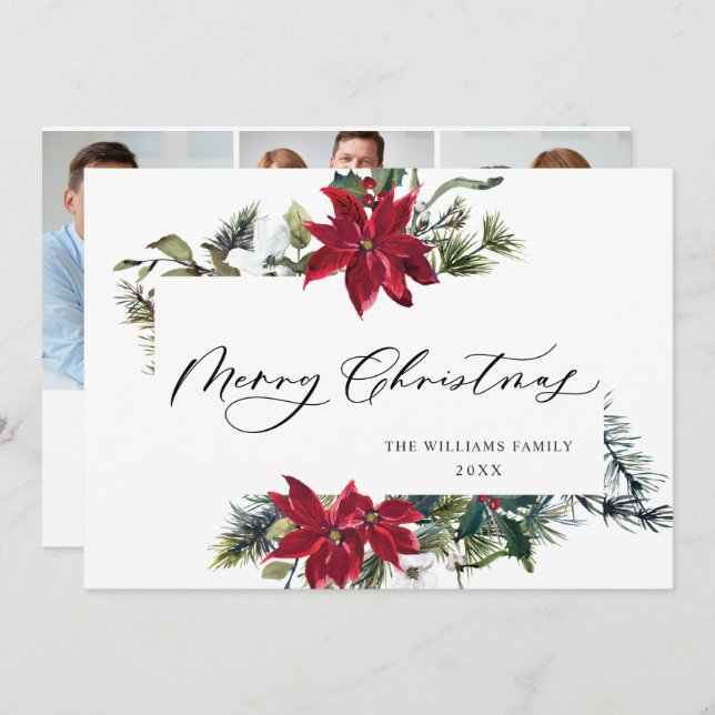 Cartão De Festividades 3 PHOTO Elegant Poinsettia Christmas Greeting (Frente/Verso)