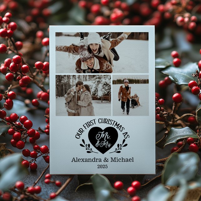 Cartão De Festividades 3 Photo Heart First Christmas as Mr & Mrs (Criador carregado)