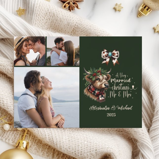 Cartão De Festividades 3 Photo Highland Cow Merry Christmas Mrs and Mr (Criador carregado)