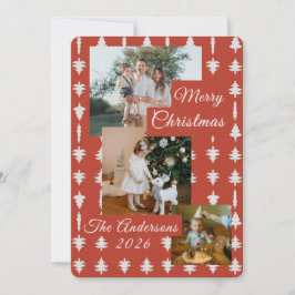 Cartão De Festividades 3 Photo Holiday Red + White Christmas Tree