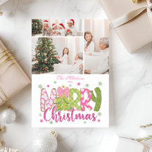 3 Photo Pink Green Bow Tree Merry Christmas