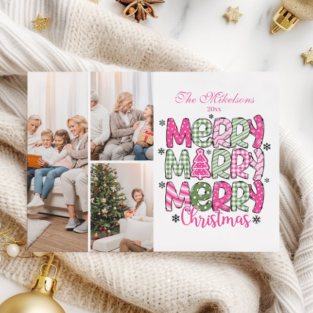 Cartão De Festividades 3 Photo Pink Green Merry Christmas Holiday (Criador carregado)