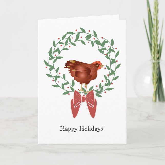 Cartão De Festividades 3D Red hen on graphic Christmas wreath/berries (Frente)