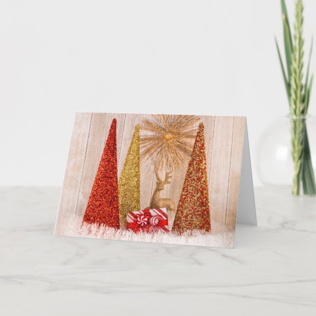 Cartão De Festividades 4149-Árvores de Natal com Reindeer e Presente (Frente)