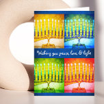 Cartão De Festividades 4 Chanucá Colorida Menorahs Paz Chic<br><div class="desc">"Desejando-lhe paz, amor, e luz. Feliz Hanukkah!" Uma foto de perto de 4 menorras de arte coloridas brilhantes o ajuda a lançar as férias de Hanukkah. Sinta o calor e a alegria da época de férias sempre que você envia este cartão de saudação chanucá, incrivelmente colorido. Envelopes, adesivos, selos, sacos...</div>
