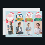 Cartão De Festividades 4 Christmas Characters Photo Holiday Card<br><div class="desc">A four photo holiday card represented by Santa, a penguin, a bear and an elf frames against a snowy background. (Banner vector created by pikisuperstar - www.freepik.com). (Child photo created by master1305 - www.freepik.com). The card is easy to customize with your wording, font, font color and paper shape options. Not...</div>
