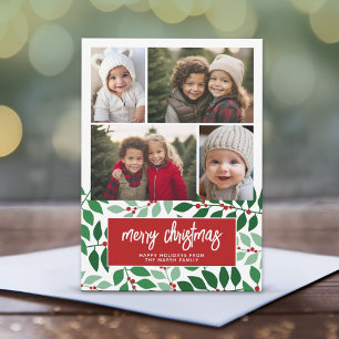 Cartão De Festividades 4 Colagem de Fotos - Natal Botânico Vermelho Alegr