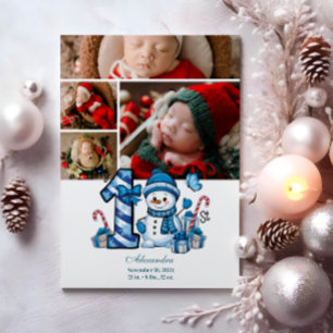 Cartão De Festividades 4 Foto Blue Snowman Primeiro Natal
