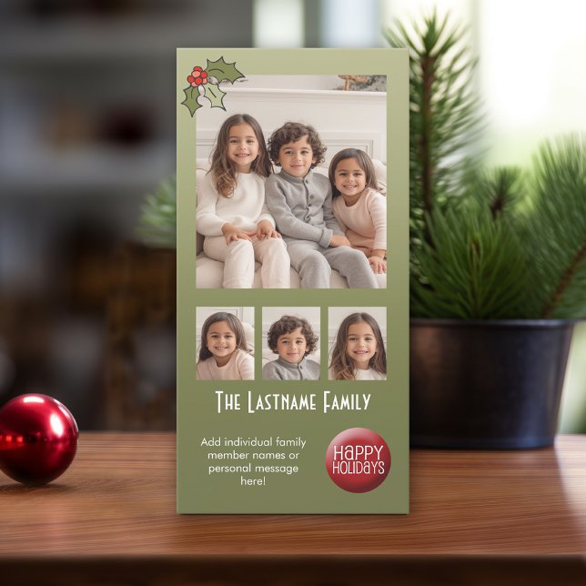 Cartão De Festividades 4 Foto: Chrismtas Collage - Retro Holly (Add 4 Photos to this online Christmas Card )
