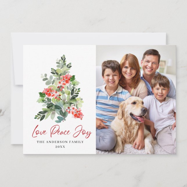 Cartão De Festividades 4 FOTO Holly Berry Árvore de Natal Saudação (Frente)