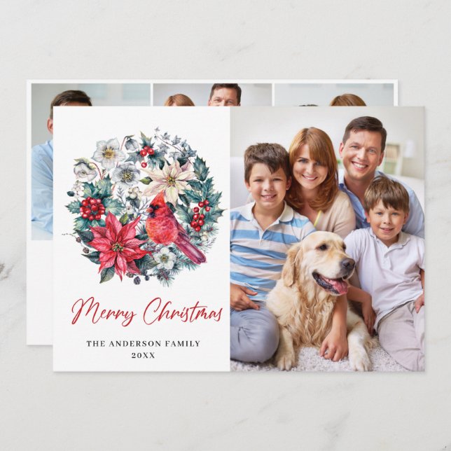 Cartão De Festividades 4 FOTO Holly Berry Cardinal Poinsettia Natal (Frente/Verso)