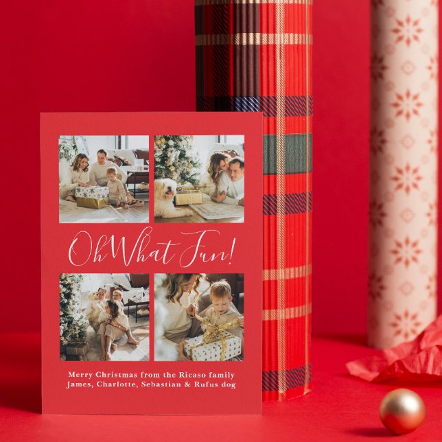 Cartão De Festividades 4 Foto oh Que Divertido Natal Nórdico (4 Photo oh What Fun Nordic Christmas Holiday Card by Ricaso, with Christmas tree  pattern on back)