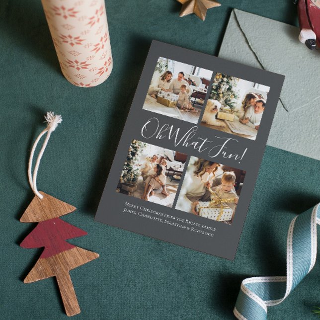 Cartão De Festividades 4 Foto oh Que Divertido Natal Nórdico (4 Photo oh What Fun Nordic Christmas Holiday Card by Ricaso, with tree and stars pattern on back)