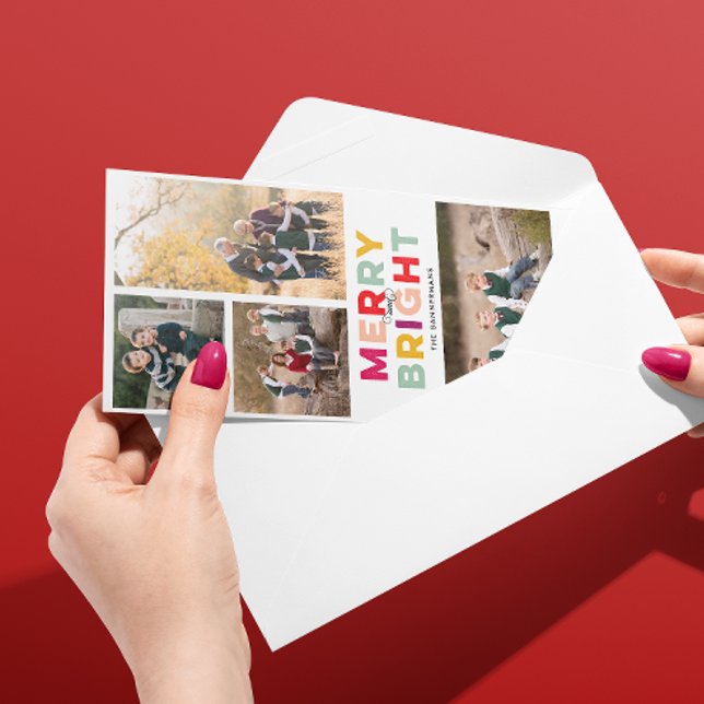 Cartão De Festividades 4 Fotografias Brilhantes e Coloridas (skinny format Christmas holiday four photo card with merry and bright message in red, pink, purple)