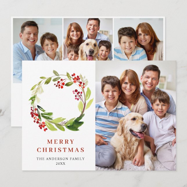 Cartão De Festividades 4 FOTOS Aro de Natal Holly Berry Cumprimentos de N (Frente/Verso)