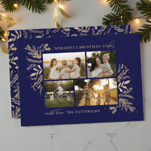 Cartão De Festividades 4 Fotos Família Natal Botânico Azul Ouro