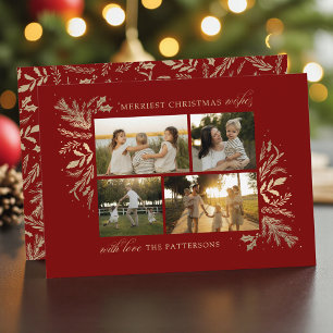 Cartão De Festividades 4 Fotos Família Natal Vermelho Profundo Dourado Bo
