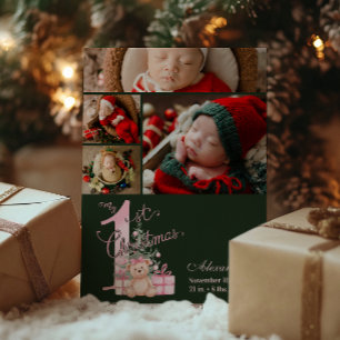 Cartão De Festividades 4 Fotos Rosa Verde Primeiro Natal do Bebê