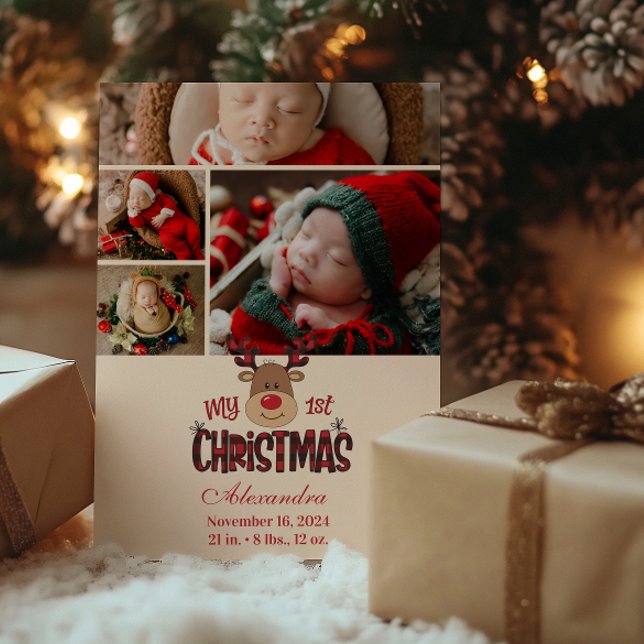 Cartão De Festividades 4 Photo Plaid Reindeer Baby First Christmas  (Criador carregado)