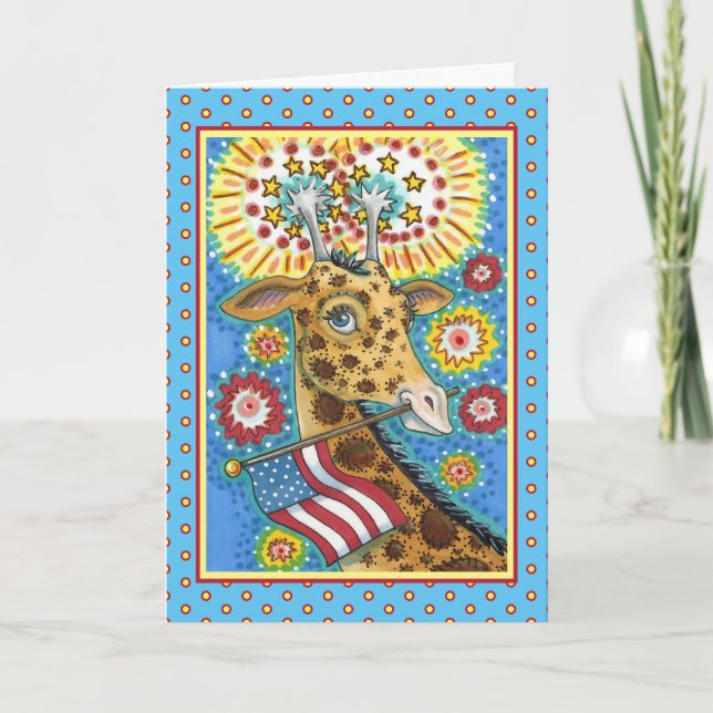 Cartão De Festividades 4TH OF JULY PATRIOTIC GIRAFFE & FIREWORKS Cute Fun (Frente)