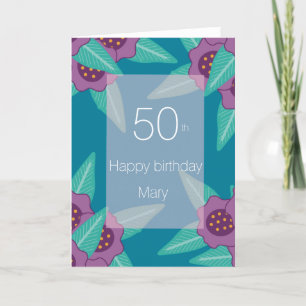 Cartão De Festividades 50 feliz aniversário floral azul turquesa moderno