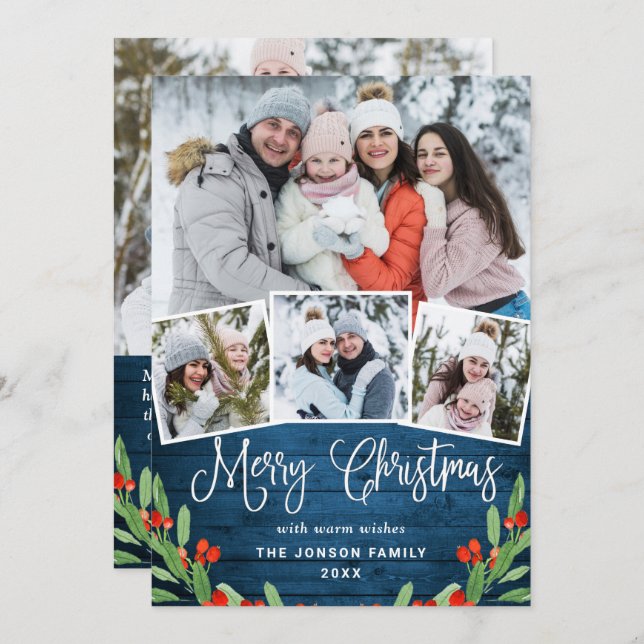 Cartão De Festividades 5 FOTO Natal Russo Blue Wood Saudação (Frente/Verso)