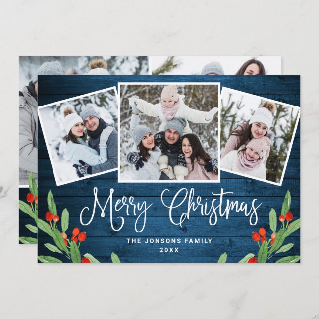 Cartão De Festividades 5 FOTO Natal Russo Blue Wood Saudação (Frente/Verso)