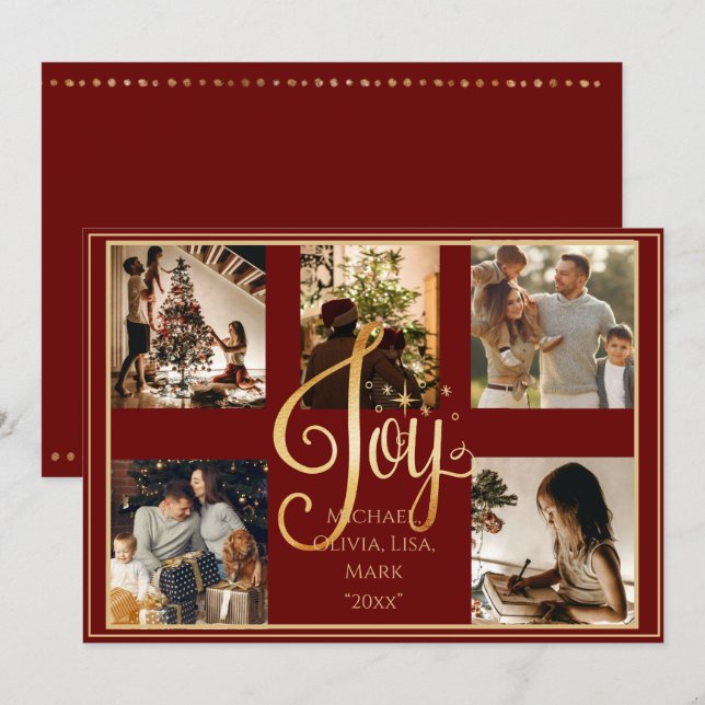 Cartão De Festividades 5 fotos Colagem ouro Joy Natal Feriado (Frente/Verso)