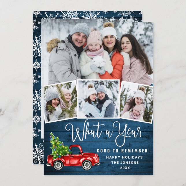 Cartão De Festividades 5 Photo What a Year Christmas Red Farm Truck (Frente/Verso)