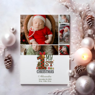 Cartão De Festividades 5 Xadrez Fotográfica Primeiro Natal
