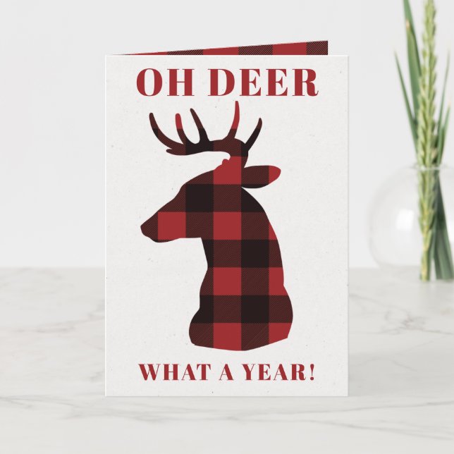 Cartão De Festividades 5x7 Funny Oh Deer What a Year Buffalo Plaid Deer (Frente)