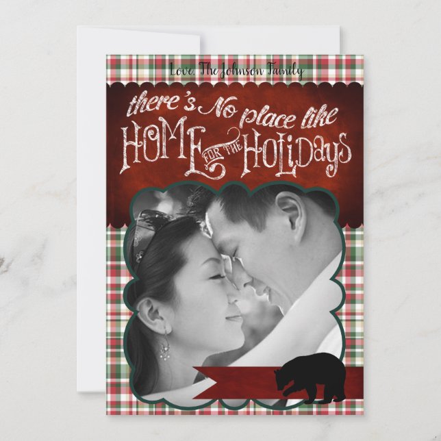 Cartão De Festividades 5x7 XMAS Xadrez Vermelha de Natal Urso Fabri Cartã (Frente)