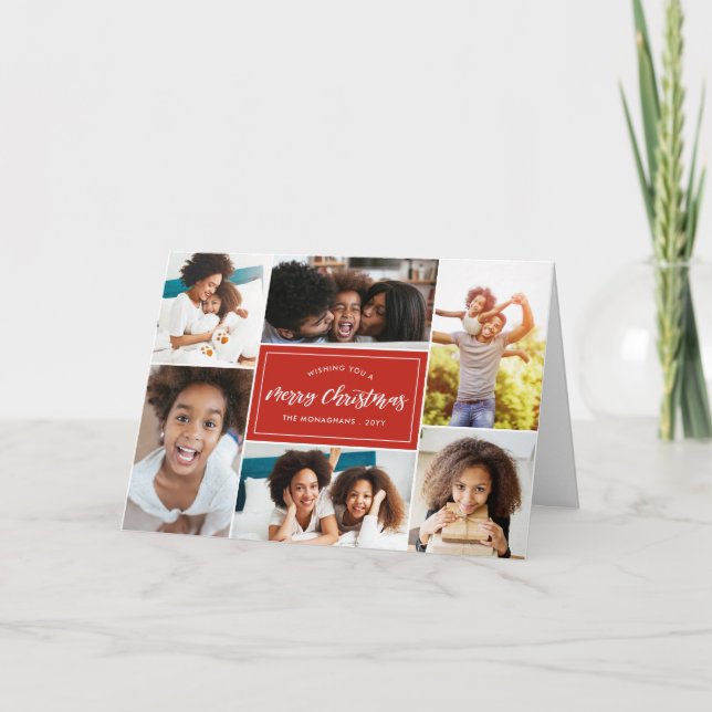 Cartão De Festividades 6 Colagem de Fotos | Natal da Xadrez Verde (Frente)