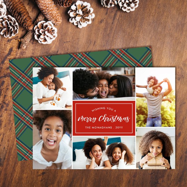 Cartão De Festividades 6 Colagem de Fotos | Xadrez verde para trás (Criador carregado)