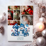 Cartão De Festividades 6 Foto Blue Snowman Primeiro Natal<br><div class="desc">Celebre a sua primeira temporada de festas com este alegre design de inverno com um número de xadrez azul, um adorável boneco de neve, e doces e presentes espalhados. Personalize-o com a fotografia do seu bebê e os detalhes do nascimento para criar uma guarnição que traz encanto e magia às...</div>