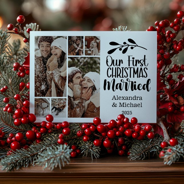 Cartão De Festividades 6 Foto Minimista Nosso Primeiro Natal Casado (Criador carregado)