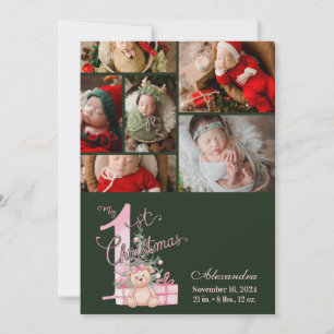 Cartão De Festividades 6 Foto Natal Bebê Menina Rosa Verde