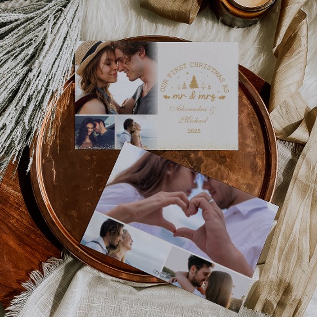 Cartão De Festividades 6 Fotos Primeiro Natal como Sr. e Sra. Gold (Criador carregado)