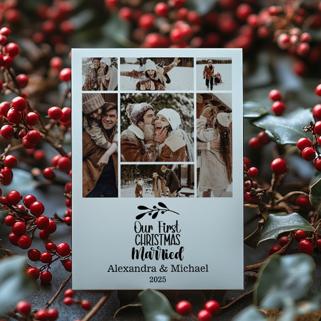 Cartão De Festividades 7 Foto Minimista Nosso Primeiro Natal Casado (Criador carregado)