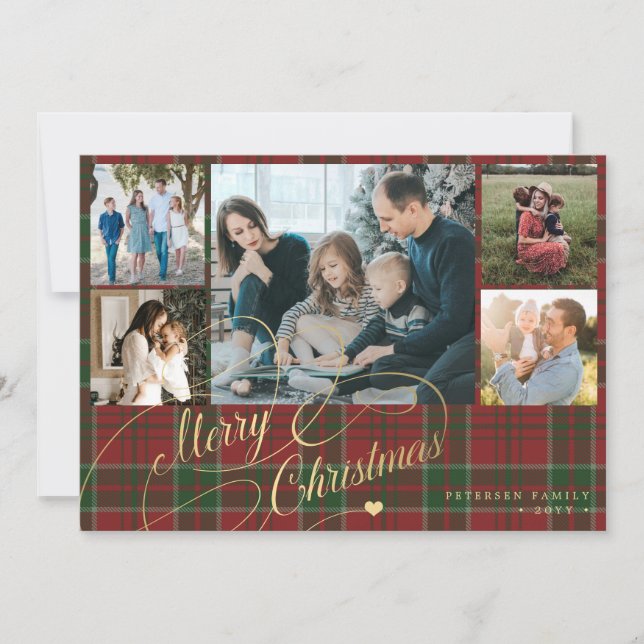Cartão De Festividades 7 photos Merry Christmas script red green plaid  (Frente)