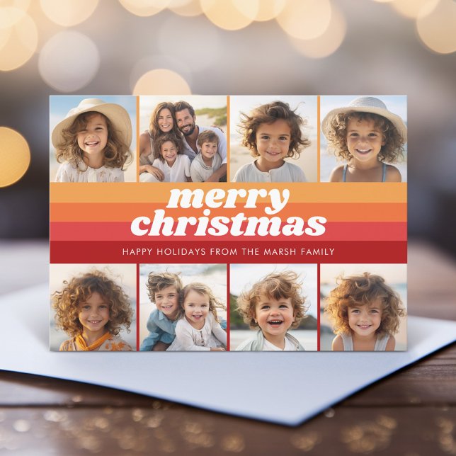 Cartão De Festividades 8 Borda de Fotografias - Merry Christmas Retro Lin (Retro Stripe Christmas Card with 8 Photos - Vibrant Sunset Colors - Print and Download Option)
