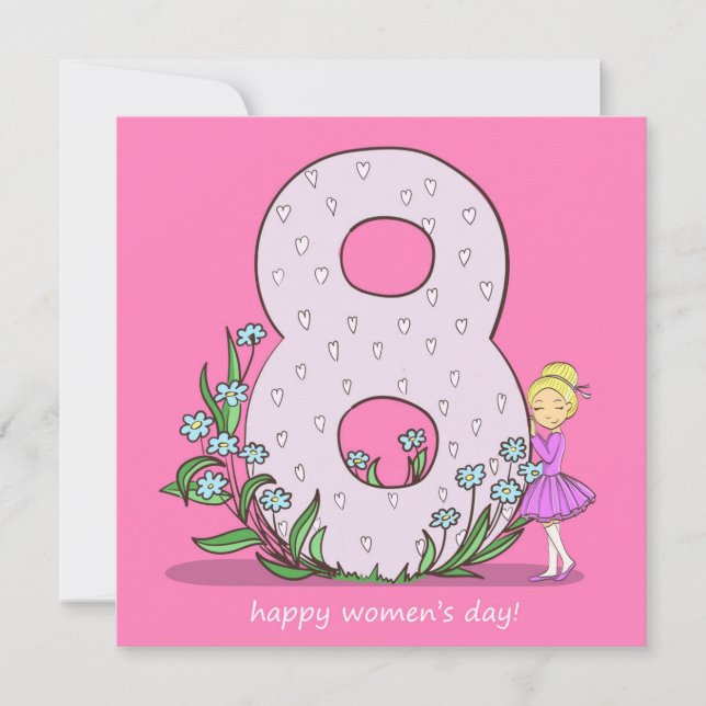 Cartão De Festividades 8 de março com grande 8 e pequena bailarina (Frente)