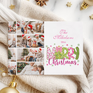 Cartão De Festividades 8 Foto Árvore de Natal com Laço Rosa Verde Feliz N