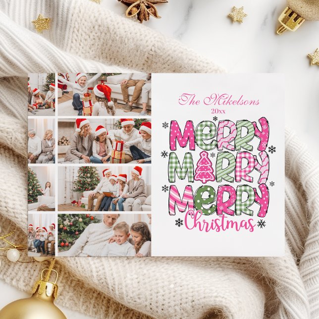 Cartão De Festividades 8 Photo Pink Green Merry Christmas Holiday (Criador carregado)