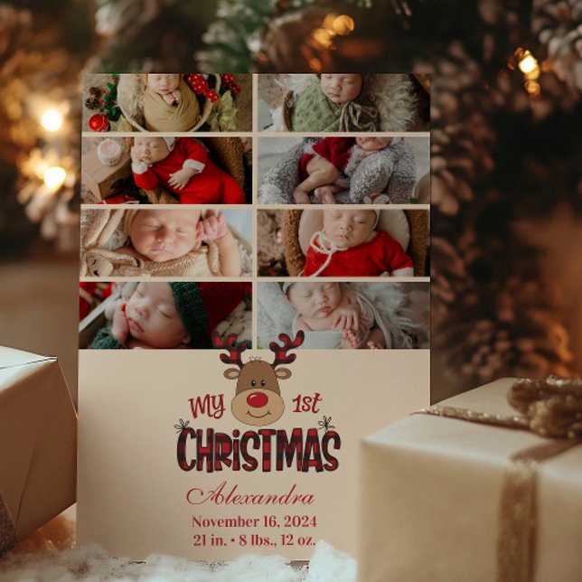 Cartão De Festividades 8 Xadrez Fotográfica Reindeer Baby Primeiro Natal (Criador carregado)