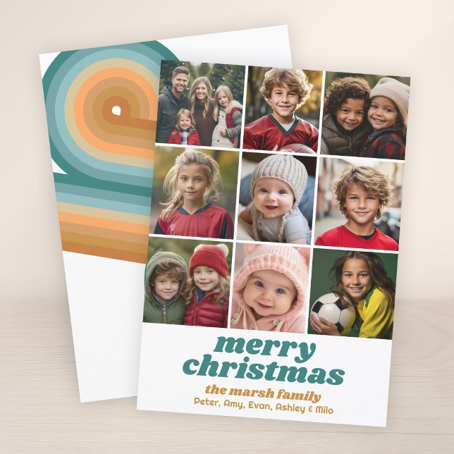 Cartão De Festividades 9 Borda Fotográfica - Merry Christmas Retro Line A (Retro Stripe Pattern with 9 Photos - Holiday Christmas Card with 70s vibe - Print or Download)