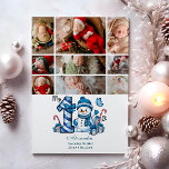 Cartão De Festividades 9 Foto Blue Snowman Primeiro Natal<br><div class="desc">Celebre a sua primeira temporada de festas com este alegre design de inverno com um número de xadrez azul, um adorável boneco de neve, e doces e presentes espalhados. Personalize-o com a fotografia do seu bebê e os detalhes do nascimento para criar uma guarnição que traz encanto e magia às...</div>