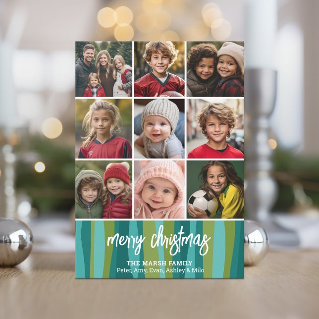 Cartão De Festividades 9 Foto - Feliz Natal - Abstrato Waves 2023 (9 Photo Holiday Card - Modern Abstract Design with Bounce Calligraphy)