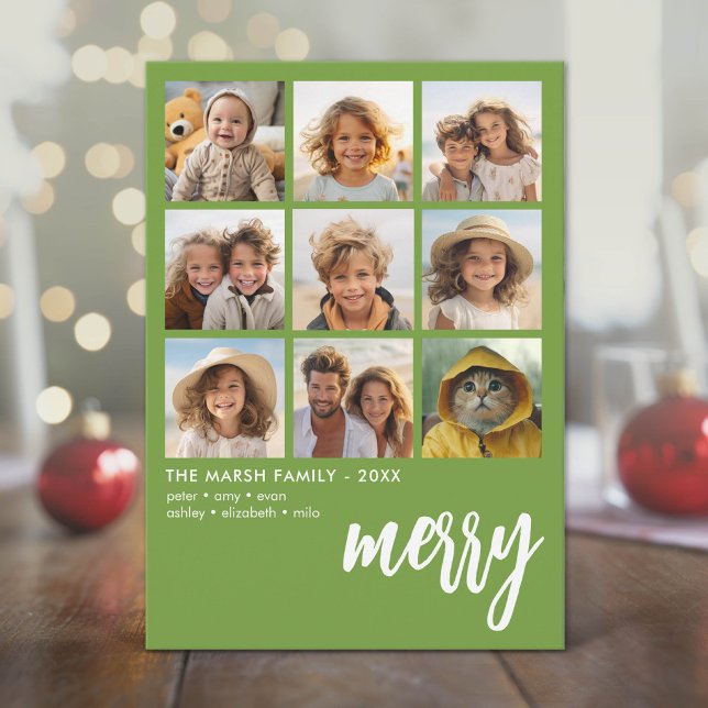 Cartão De Festividades 9 Foto Offset - Script Merry em Negrito - Verde (Modern Holiday Greeting with 9 Photos)