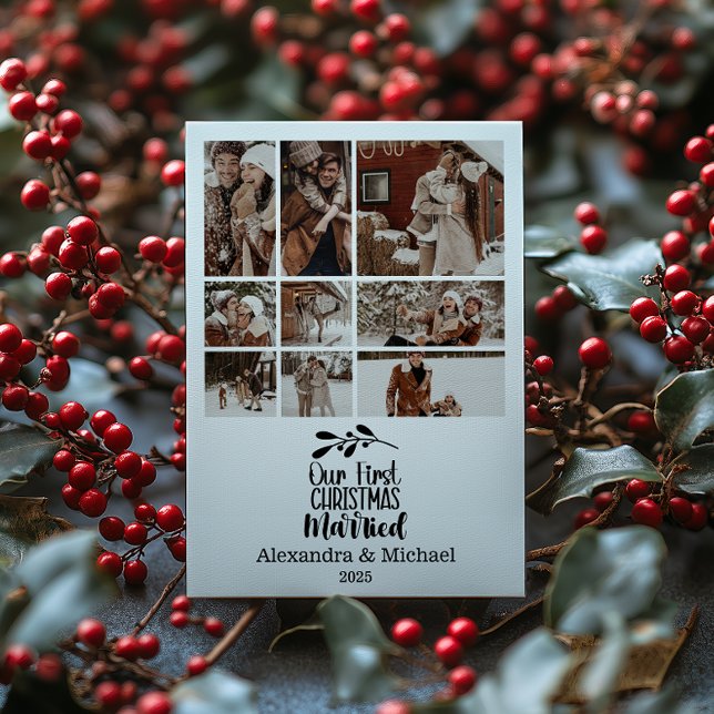 Cartão De Festividades 9 Photo Minimialist Our First Christmas Married (Criador carregado)
